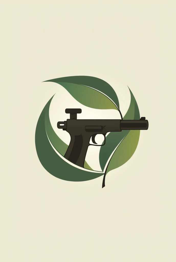 Design a modern and classic logo for a paintball brand named 'PaintBall'. The logo should incorporate elements of nature and a paintball gun, using earthy tones like greens and browns. The style should be a blend of modern and traditional with a clean, professional look suitable for social media.