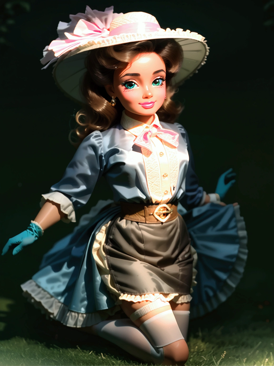 (masterpiece), (realistic), (((NSFW))). (ultra hd 8k), (realistic body proportions) Barbie as a pretty  girl wearing her Victorian school uniform. Year 1895. 1890_dress. High-collar long sleeve white shirtwaist cuffed into a sash, cameo brooch, light blue shirt cloak over her shoulders, elegant straw boater hat, pink gloves, knee-high light blue skirt, petticoats, high-waisted bloomers, silk stockings with garters, ankle boots. Long curly brunette hair. Short skirt. Wasp waist.Light brown skin. Delicately holding a medium-sized parasol. (((Laying on grass, legs open. Cum on face. Full body)))