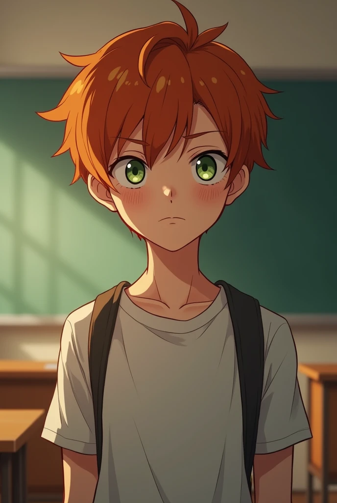 (photorealism:1.2), cute guy, ginger hair, soft green eyes, stoic and serious look, 5’8 in height, lean body, a little bruised up, freckles on face, soft lighting, classroom in background, anime, realistic, intricate details, warm colors