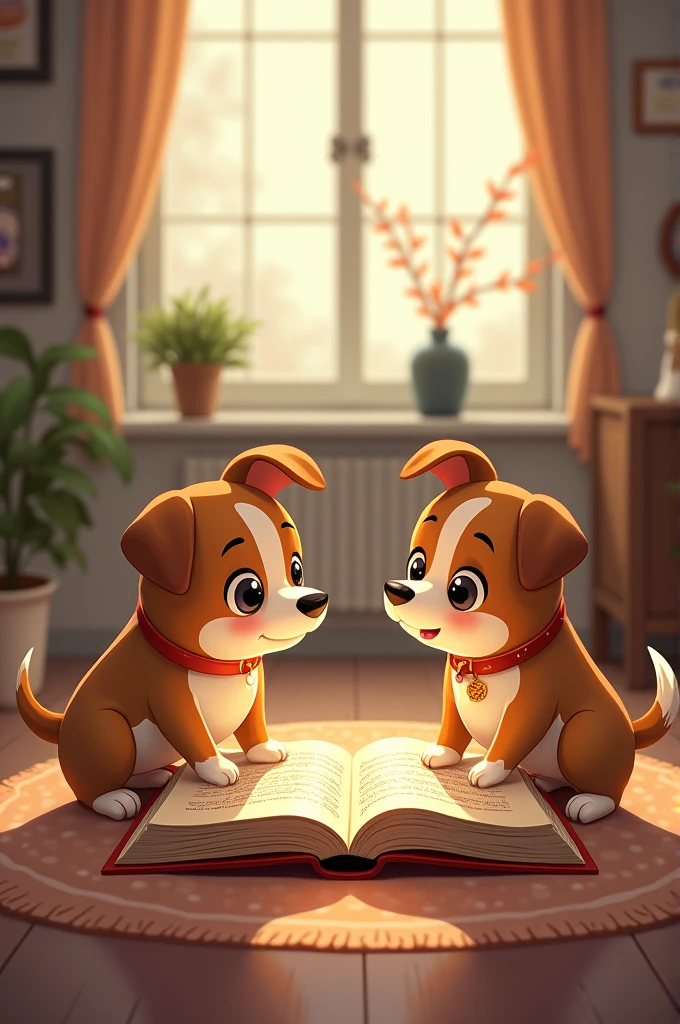 Two dogs seeing a book