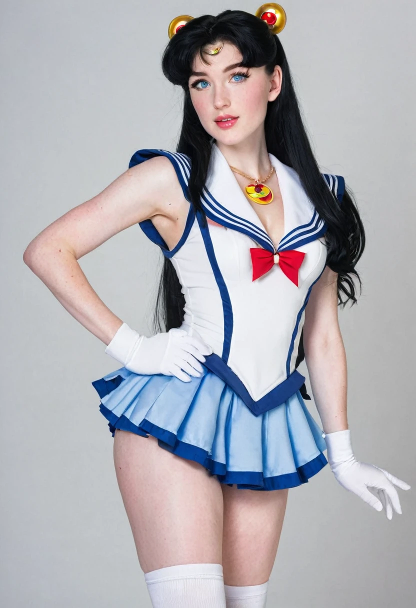 Caucasian woman 1.75 tall, light blue eyes, long black hair, pale skin and freckles, double E breasts, big butt. She is dressed as a sailor moon.