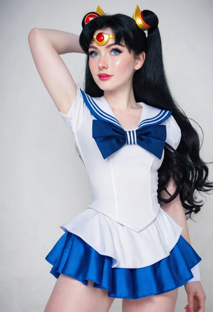Caucasian woman 1.75 tall, light blue eyes, long black hair, pale skin and freckles, double E breasts, big butt. She is dressed as a sailor moon.
