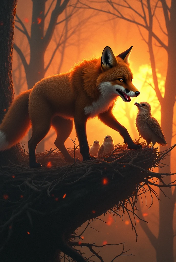 The fox immediately took her revenge by eating roasted eagle babies in the burning nest