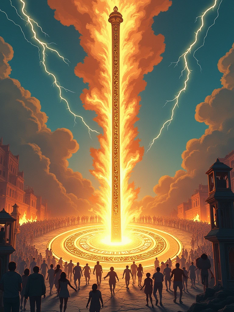(Best quality,8k,high resolution,masterpiece:1.2),Ultra Detail,(A giant golden iron rod,Intricate runes are engraved on it.,Standing quietly in the magic circle),(From a satellite perspective:1.5),Brightly colored clouds resemble a rainbow,With lightning,Mysterious energy emanates from the staff,Complex mysterious symbols on the ground,Breathtaking majestic atmosphere,Clear focus,Physically Based Rendering,Extremely detailed description,Concept Art,Mysterious landscape,Vibrant colors,Dramatic lighting,Science Fiction,Fantasy Art,The surrounding scene was a scene of chaos and flames,The building was destroyed by fire。((The frightened little people,Including white people、african man、Hispanic、South Asians,They all fled in terror,Pure fear written all over his face))。This work is rendered in traditional line art,Reminiscent of anime before 1912,Filled with bright and bold colors