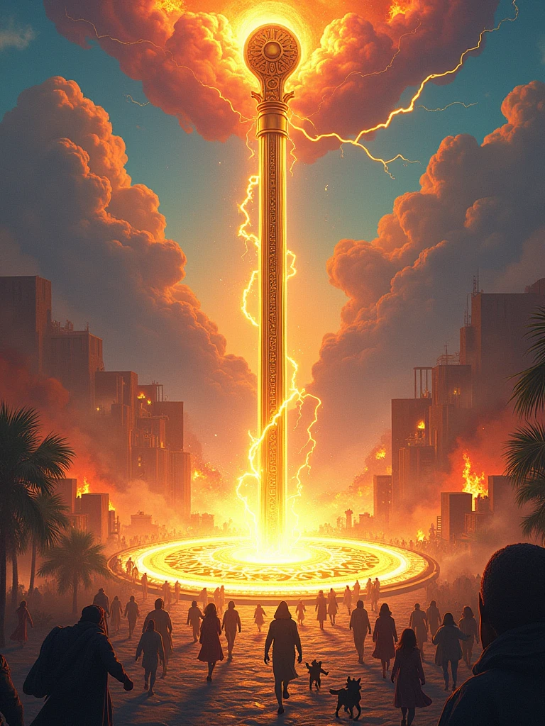 (Best quality,8k,high resolution,masterpiece:1.2),Ultra Detail,(A giant golden iron rod,Intricate runes are engraved on it.,Standing quietly in the magic circle),(From a satellite perspective:1.5),Brightly colored clouds resemble a rainbow,With lightning,Mysterious energy emanates from the staff,Complex mysterious symbols on the ground,Breathtaking majestic atmosphere,Clear focus,Physically Based Rendering,Extremely detailed description,Concept Art,Mysterious landscape,Vibrant colors,Dramatic lighting,Science Fiction,Fantasy Art,The surrounding scene was a scene of chaos and flames,The building was destroyed by fire。((The frightened little people,Including white people、african man、Hispanic、South Asians,They all fled in terror,Pure fear written all over his face))。This work is rendered in traditional line art,Reminiscent of anime before 1912,Filled with bright and bold colors