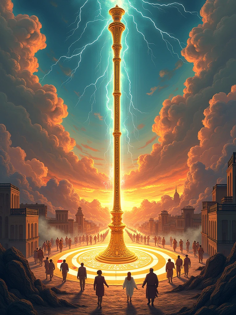 (Best quality,8k,high resolution,masterpiece:1.2),Ultra Detail,(A giant golden iron rod,Intricate runes are engraved on it.,Standing quietly in the magic circle),(From a satellite perspective:1.5),Brightly colored clouds resemble a rainbow,With lightning,Mysterious energy emanates from the staff,Complex mysterious symbols on the ground,Breathtaking majestic atmosphere,Clear focus,Physically Based Rendering,Extremely detailed description,Concept Art,Mysterious landscape,Vibrant colors,Dramatic lighting,Science Fiction,Fantasy Art,The surrounding scene was a scene of chaos and flames,The building was destroyed by fire。((The frightened little people,Including white people、african man、Hispanic、South Asians,They all fled in terror,Pure fear written all over his face))。This work is rendered in traditional line art,Reminiscent of anime before 1912,Filled with bright and bold colors