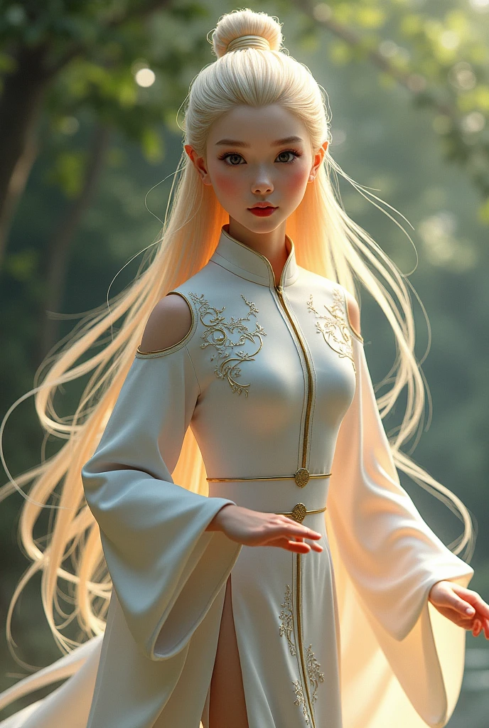 a 20 year girl with long 
blond hair with kunfu dress