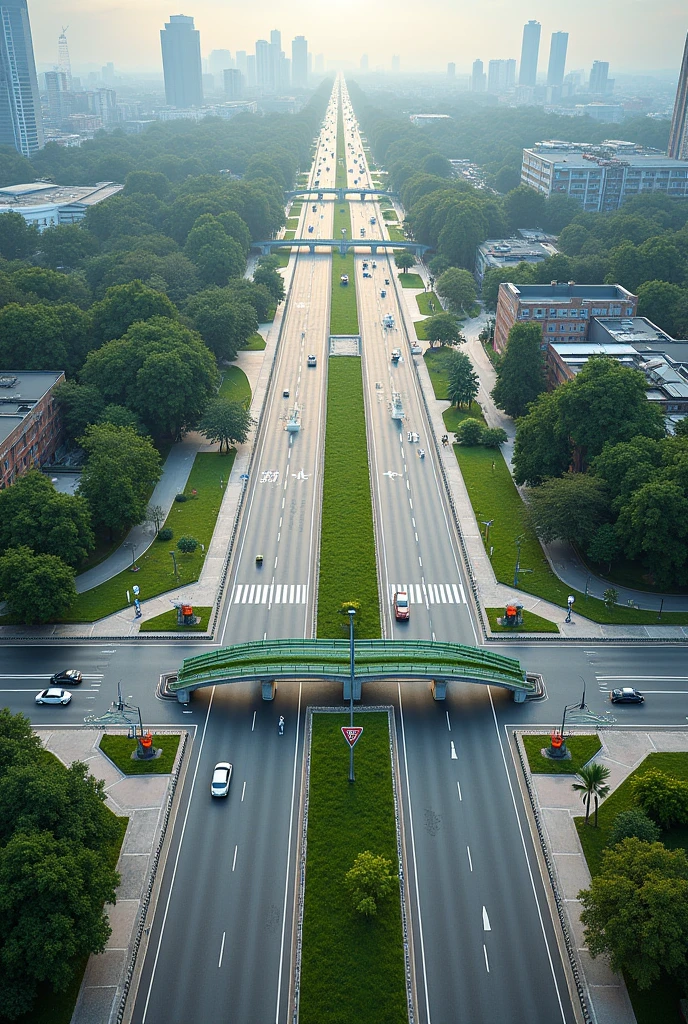 Draw a roadway parts with Carriageway, shoulder,median,curb, sidewalk, drainage system, intersection, crosswalk, bicycle lane, road markings, guardrail, traffic signs,and lighting.