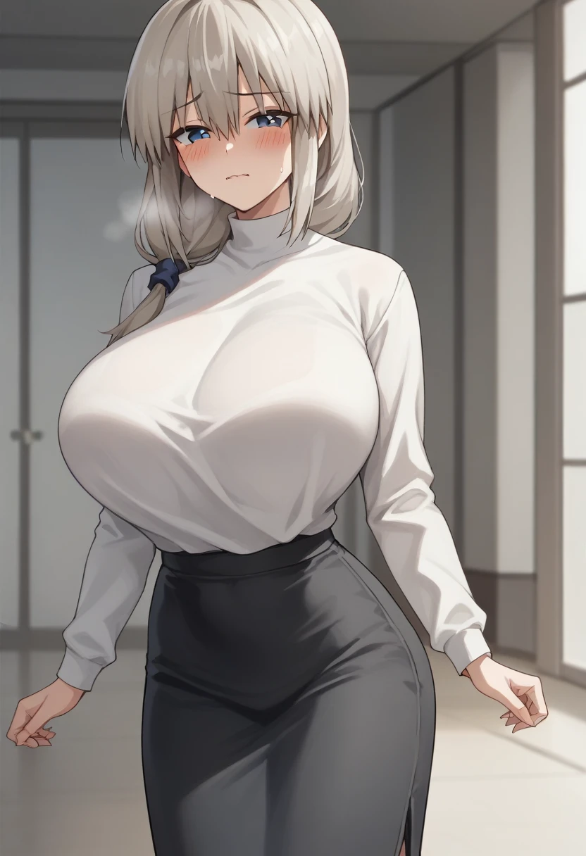 /(modern house indoors/), 1lady solo, mature female, /(White ribbed sweater dress/), bangs, blush kind smile, (masterpiece best quality:1.2) delicate illustration ultra-detailed, large breast、((sweat,steam,Vulgarity))、In front of the entrance door、Visit、(full shot)), 