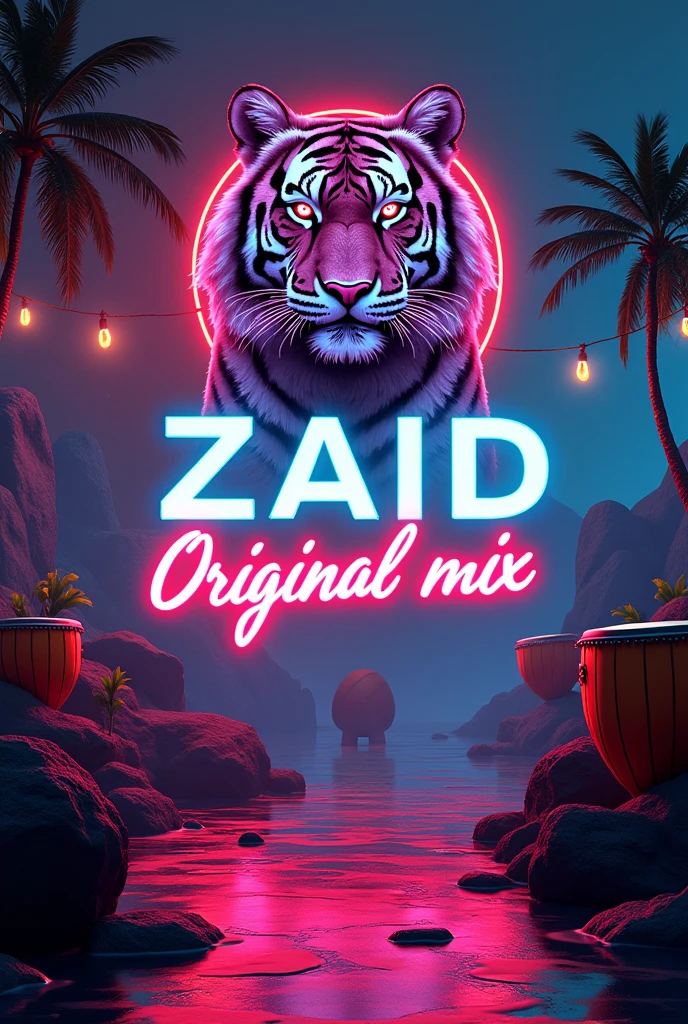 Futuristic background with the phrase Zaid Original mix And some African drums around and a neon tiger Below the letters Zaid say, "Israel JB"