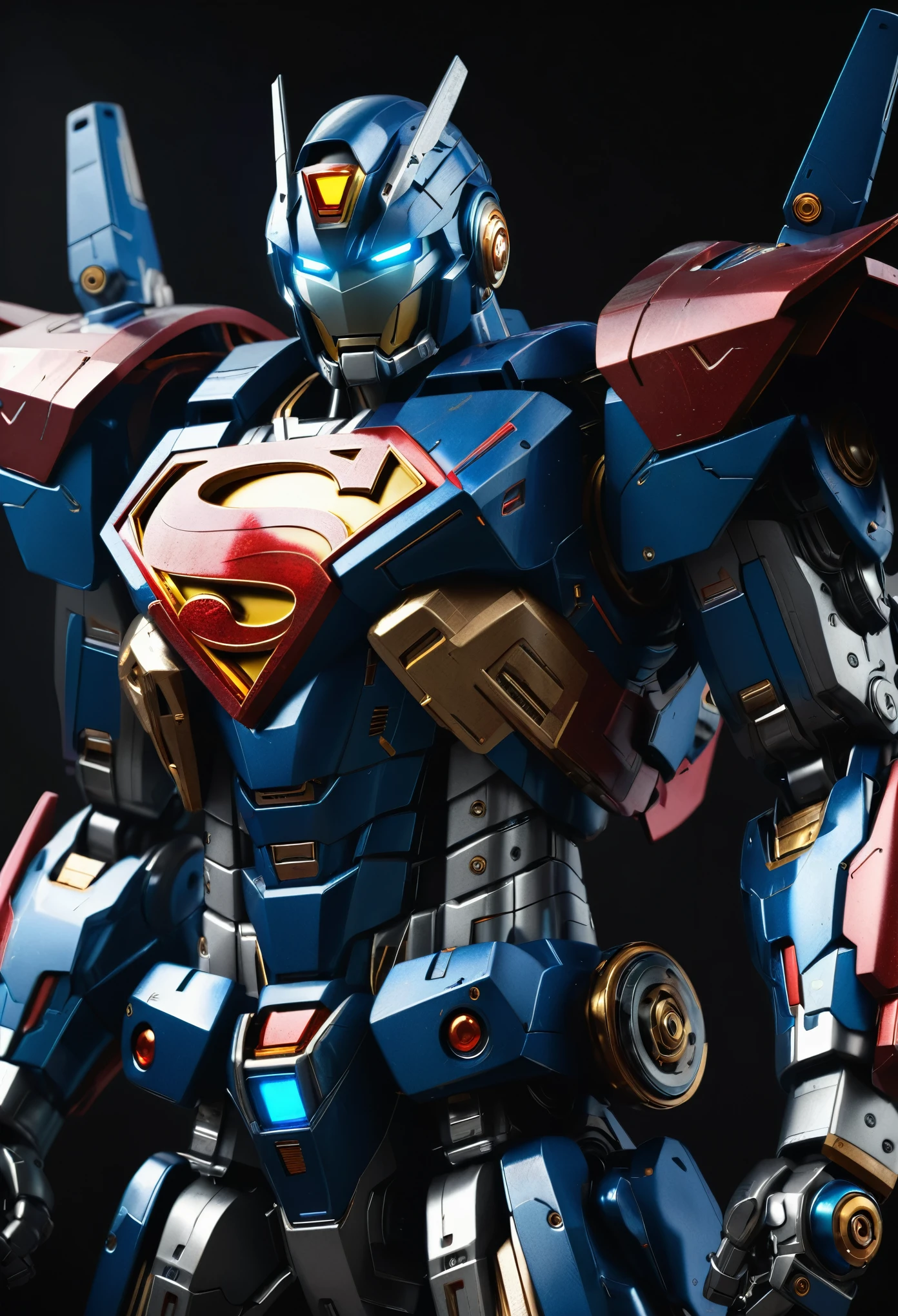 a highly detailed, extremely realistic, photorealistic Superman mecha gundam suit, intricate mechanical details, hyper realistic metal textures, dramatic lighting, cinematic composition, dark and moody color palette, dramatic shadows, 8k, high resolution, best quality