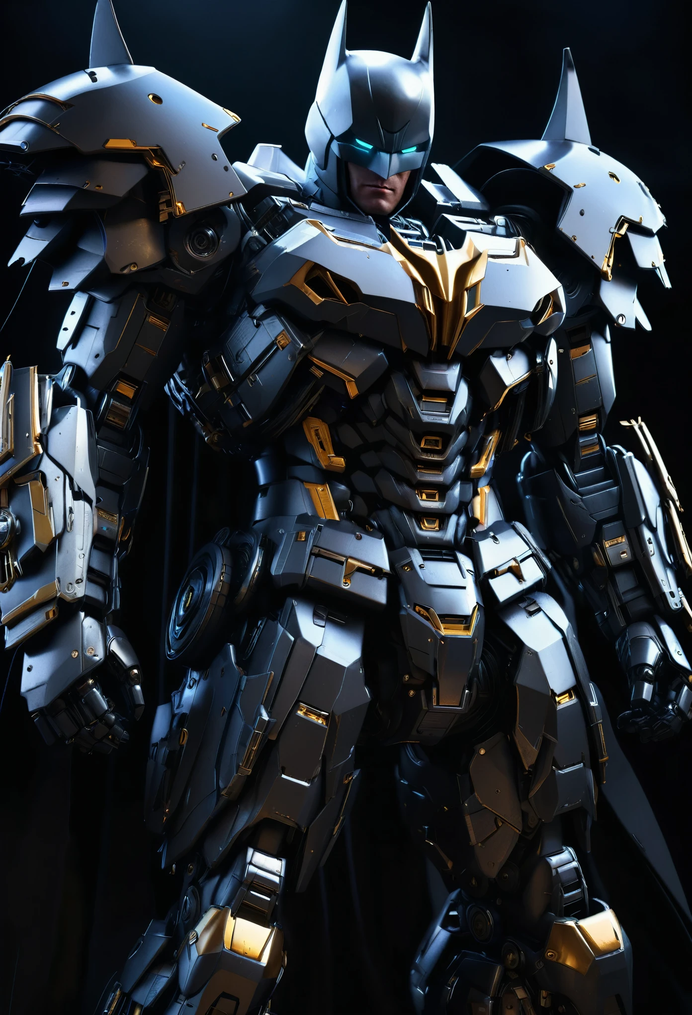a highly detailed, extremely realistic, photorealistic Batman mecha gundam suit, intricate mechanical details, hyper realistic metal textures, dramatic lighting, cinematic composition, dark and moody color palette, dramatic shadows, 8k, high resolution, best quality