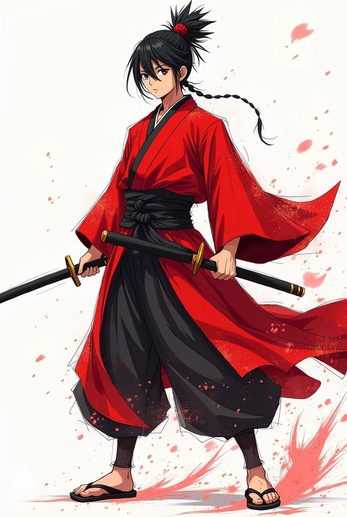 (illustrator) sketsa anime, samurai, kimono, red, front position