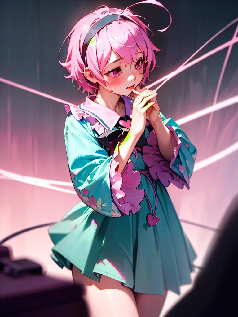 1girl, komeiji satori, ahoge, pink hair, pink eyes, short hair, hairband, frilled shirt collar, blue shirt, pink skirt, floral print, long sleeves, wide sleeves, sleeves past wrists, heart, third eye, grey background, (best quality,4k,8k,highres,masterpiece:1.2),ultra-detailed,(realistic,photorealistic,photo-realistic:1.37),HDR,UHD,studio lighting,ultra-fine painting,sharp focus,physically-based rendering,extreme detail description,professional,vivid colors,bokeh,