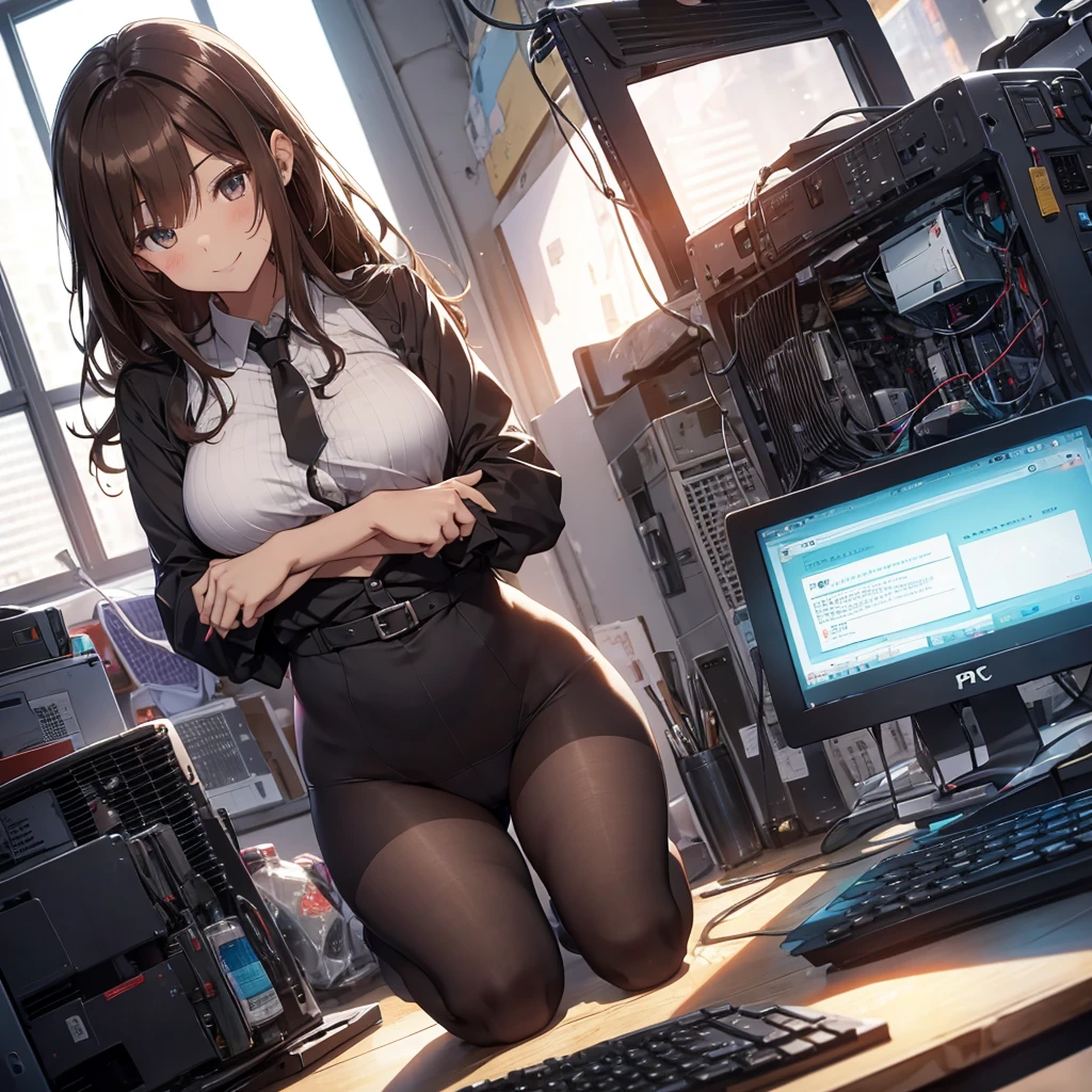 The heat doesn't change even after the sun goes down... I tried to revive a junk PC for the first time in a while, but it didn't work this time. There are days like this...pantyshot, long brown hair, office lady, 1girl, amazing, girl, 30 years old, house wiife, warm smile, hourglass figure,
