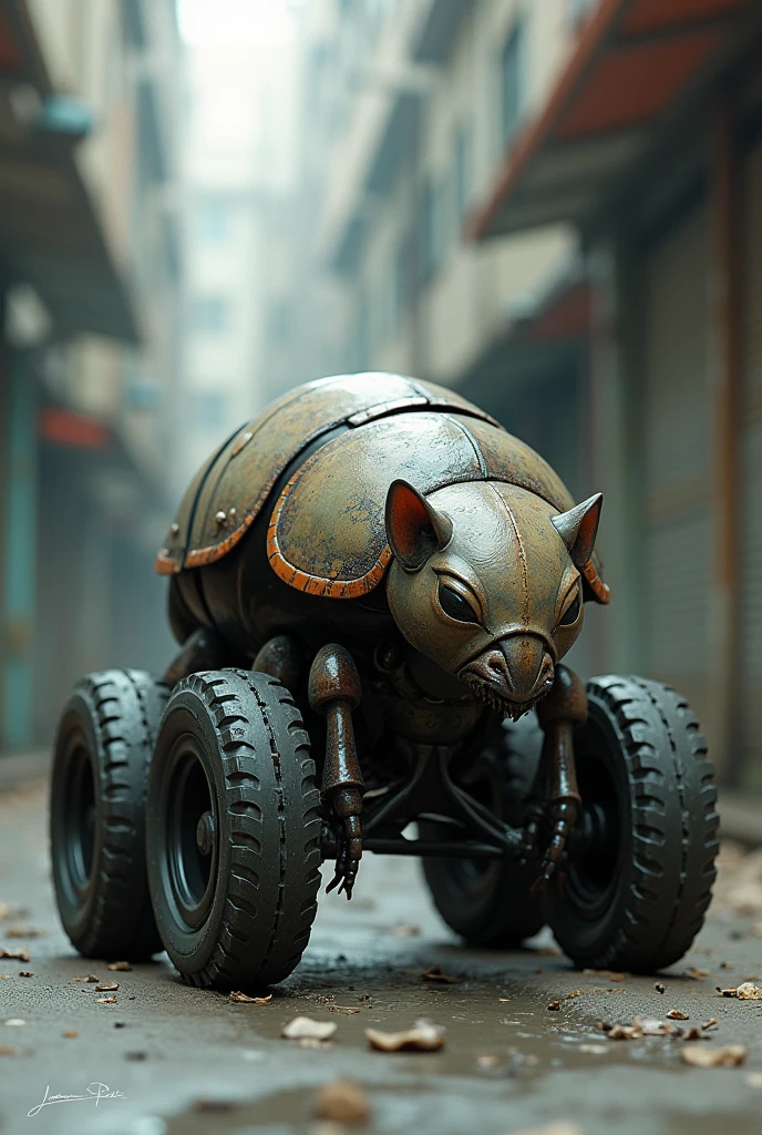 create an image of a rat look beetle, demoted, rodas aro 17, low profile tire