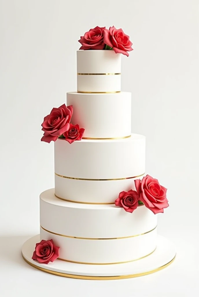 1. **Cake Structure Drawing**:
   - **Base**: Draw four layers of cake, each one smaller than the one below. Make sure the top layer is significantly smaller than the bottom.
   - **Farbe**: Paint the cake white.

2. **Decorative Golden Lines**:
   - Add golden lines around each layer to highlight the edges.

3. **red roses**:
   - **Second floor**: Place a red rose in the left corner.
   - **Third Floor**: Place a red rose in the right corner.
   - **mole**: On the top of the fourth floor, add a large red rose.

