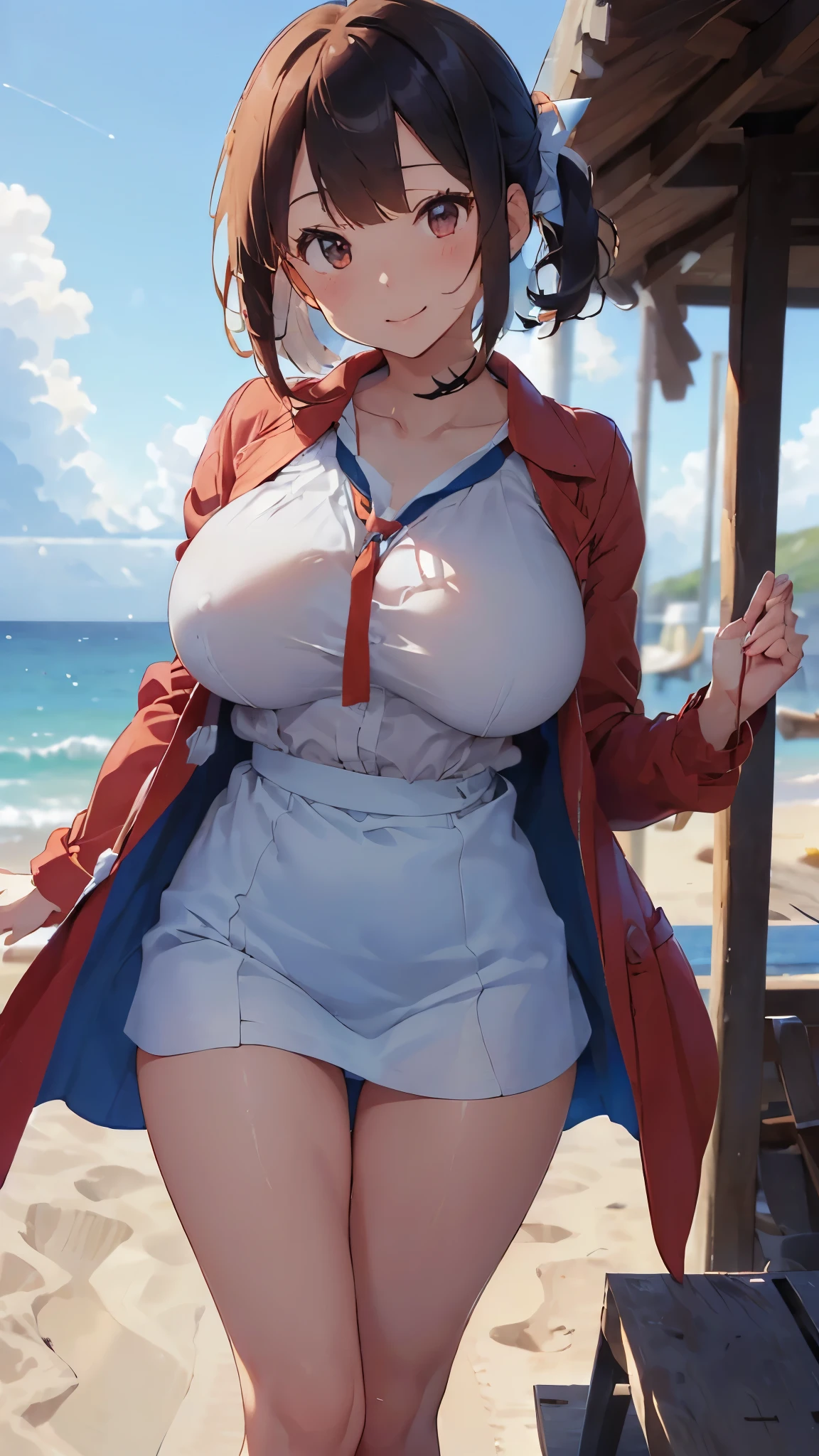 (Cute Smile、Black short bob、Cute orange hair clip)、((Clothed 、Pure white blouse))、((Light blue flared skirt、The wind blows up her skirt and her underwear is visible、White underwear with cute ribbon))、Bare feet and naked feSandy beach, sea and blue sky))、((The face is in focus and the background is blurred、Shallow depth of field))、Realistic、Standing posture、((Moderately large breasts、Closey、Pie Slash))、(A bright red long coat over a blouse、Spread a long coat with both hands)、(A light blue bra clearly shows through under the blouse、Quarter Cup Bra)、A wristwatch on the left hand