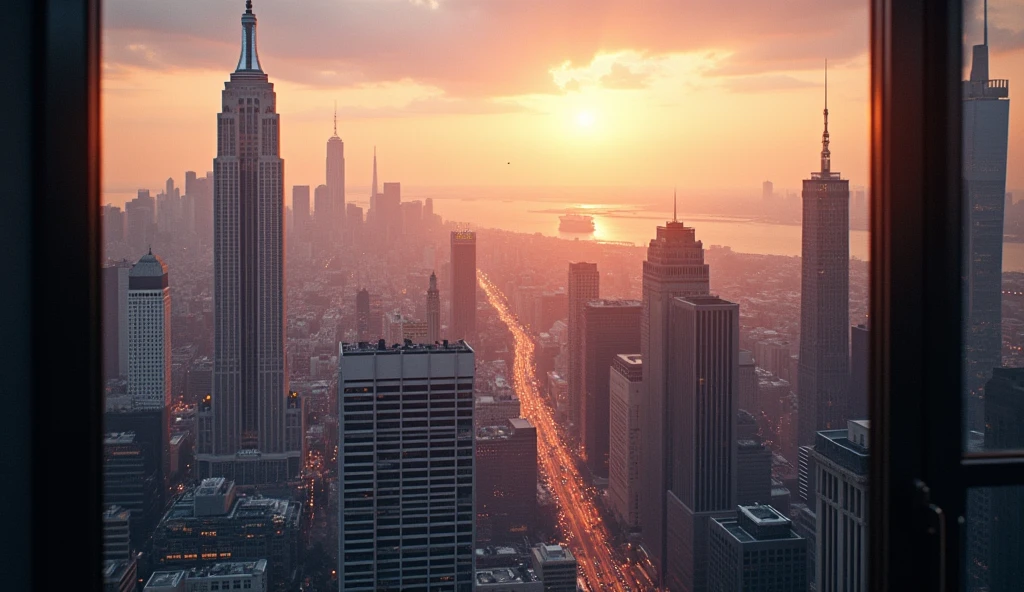 a cityscape of modern skyscrapers and high-rise buildings viewed from the window of a tall building, detailed architecture, urban landscape, intricate details, ambient lighting, warm color tones, dramatic lighting, photorealistic, 8k, extremely detailed, hyper realistic, cinematic composition, establishing shot