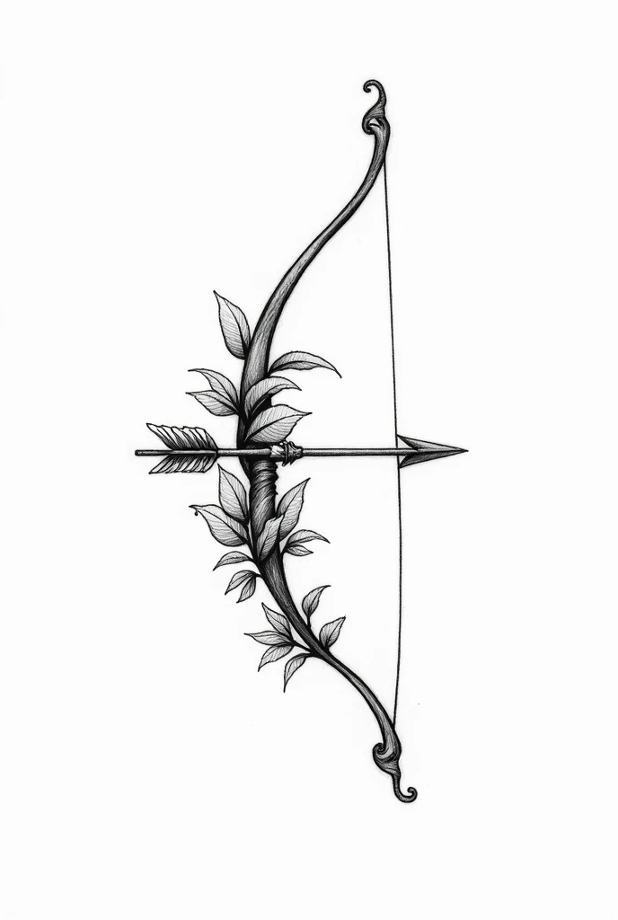 Bow and Arrow Arrow with leaves wrapped around bow and arrow in sketch form for tattoo, as if it were a hand-drawn design, just the sketch
A delicate drawing. Without other elements, just the normal bow and arrow and the wrapped leaves.
Make the bow a little bigger and wider. 