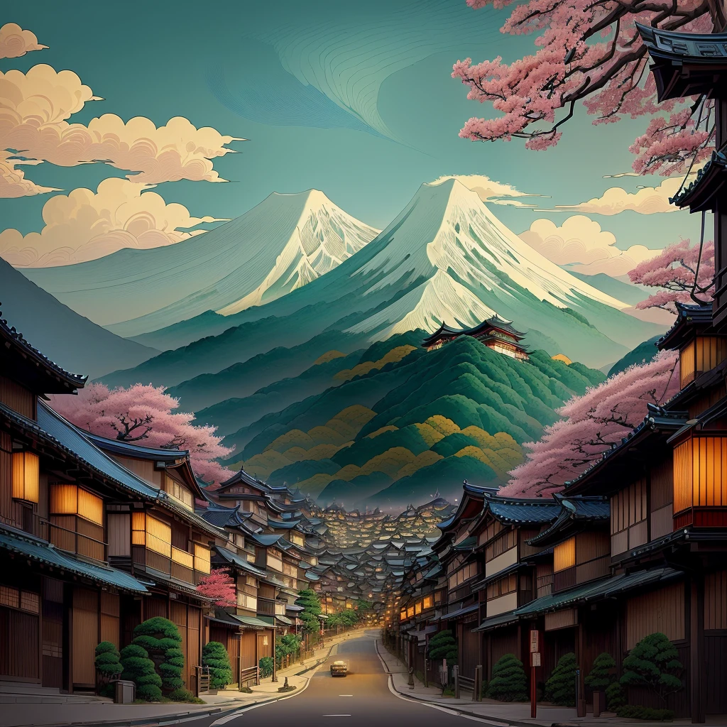 painting depicting a street against the backdrop of a mountain, japanese art style, studio ghibli and and Mumford, Traditional Japanese concept art, Japanese city, Japanese city, ( ( ( ( ( and Mumford ) ) ) ) ), Japanese-style poster, ukiyo-e style, ukiyo-e style, anime background art, in the style of ukiyo-e