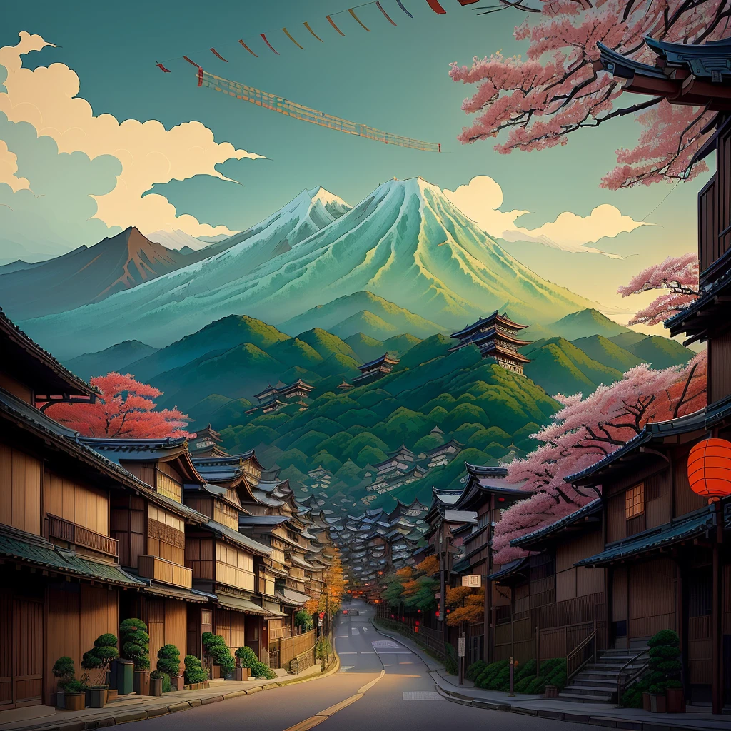 painting depicting a street against the backdrop of a mountain, japanese art style, studio ghibli and and Mumford, Traditional Japanese concept art, Japanese city, Japanese city, ( ( ( ( ( and Mumford ) ) ) ) ), Japanese-style poster, ukiyo-e style, ukiyo-e style, anime background art, in the style of ukiyo-e