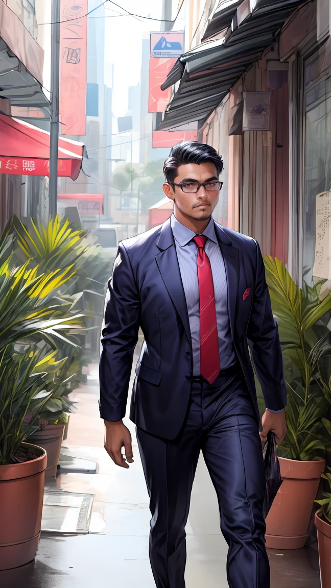 (best quality, ultra-detailed, photorealistic), good-looking malay man, SEAman, dressed in business suit, fit body, walking at the business district, glasses, afternoon, elaborate details