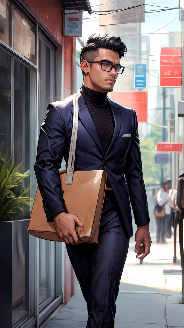 (best quality, ultra-detailed, photorealistic), good-looking malay man, SEAman, dressed in business suit, fit body, walking at the business district, glasses, afternoon, elaborate details