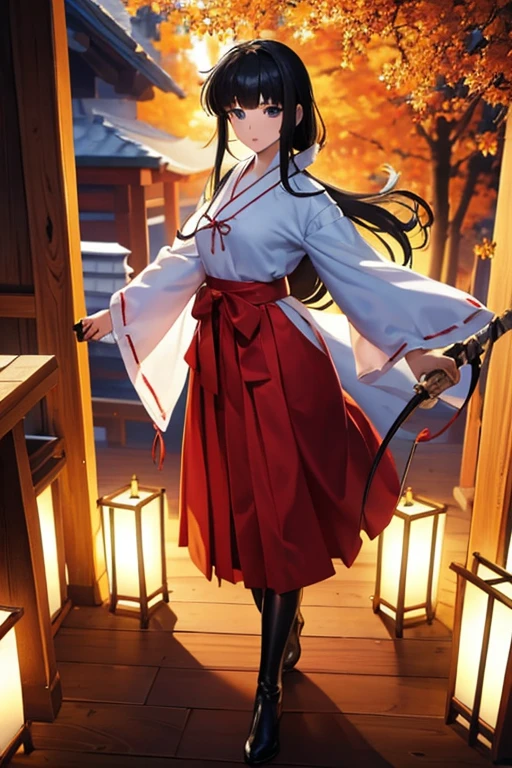 Highest quality, Very detailed,masterpiece,anime, Ultra-high resolution,If you look closely at the eyes, Best illustrations, A very condensed individual, (Very delicate and cute face)、Character portrait、Full body portrait、Shrine maiden,Black Hair,Medium Hair,beautiful girl,Japanese、Green Eyes、伝統的なShrine maiden服、black tights、Black inner shirt、ぴっちりスーツの上にShrine maiden装束を着ている、Leather long boots、Holding a wooden sword、No background、Characters only、