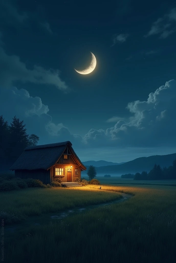 The little cottage stood at the edge of the field under the glow of a crescent moon.