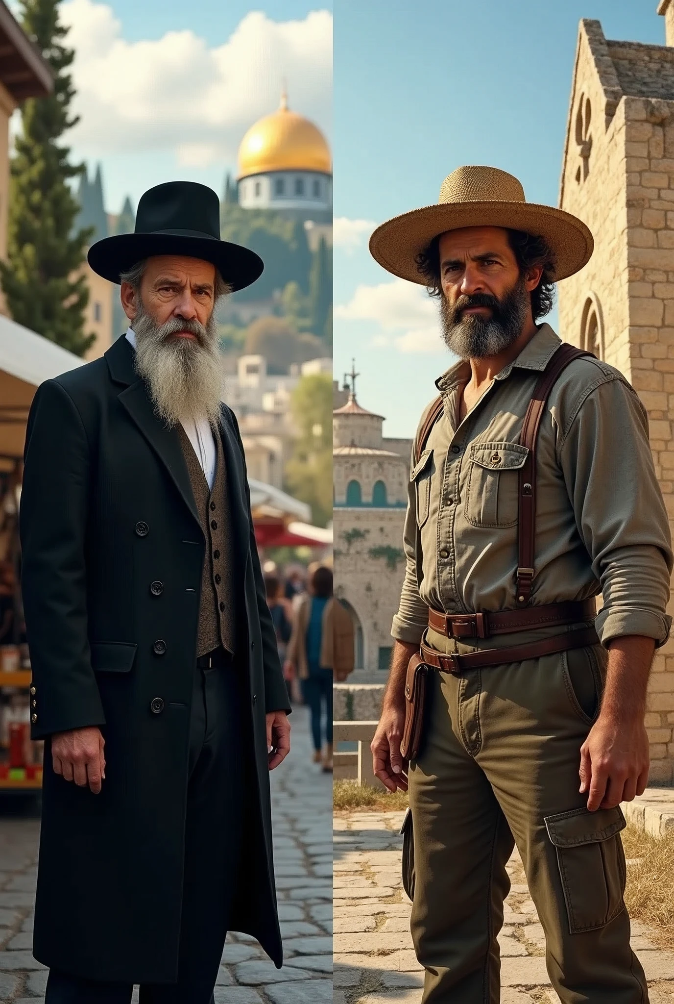 (photorealism:1.2), Two pictures side by side. In one picture, a typical Jew on the Rütlichweiz. In the other picture, a typical Swiss farmer on the Temple Mount in Jeruslaem.