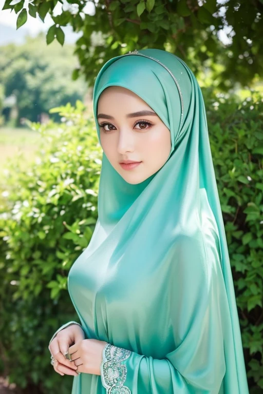 A stunning, hyperrealistic photo of a woman wearing a flowing emerald satin dress and a long, elegant hijab. The silver colors seem to shimmer in the sunlight. She is captured from an overhead angle, showcasing the intricate details of her outfit. Her sweet expression conveys a touch of melancholy, and her bright, detailed eyes reflect the light as if they are windows to her soul. The outdoor background features a serene landscape, with a lush green field and a distant tree, adding depth and beauty to this masterpiece.