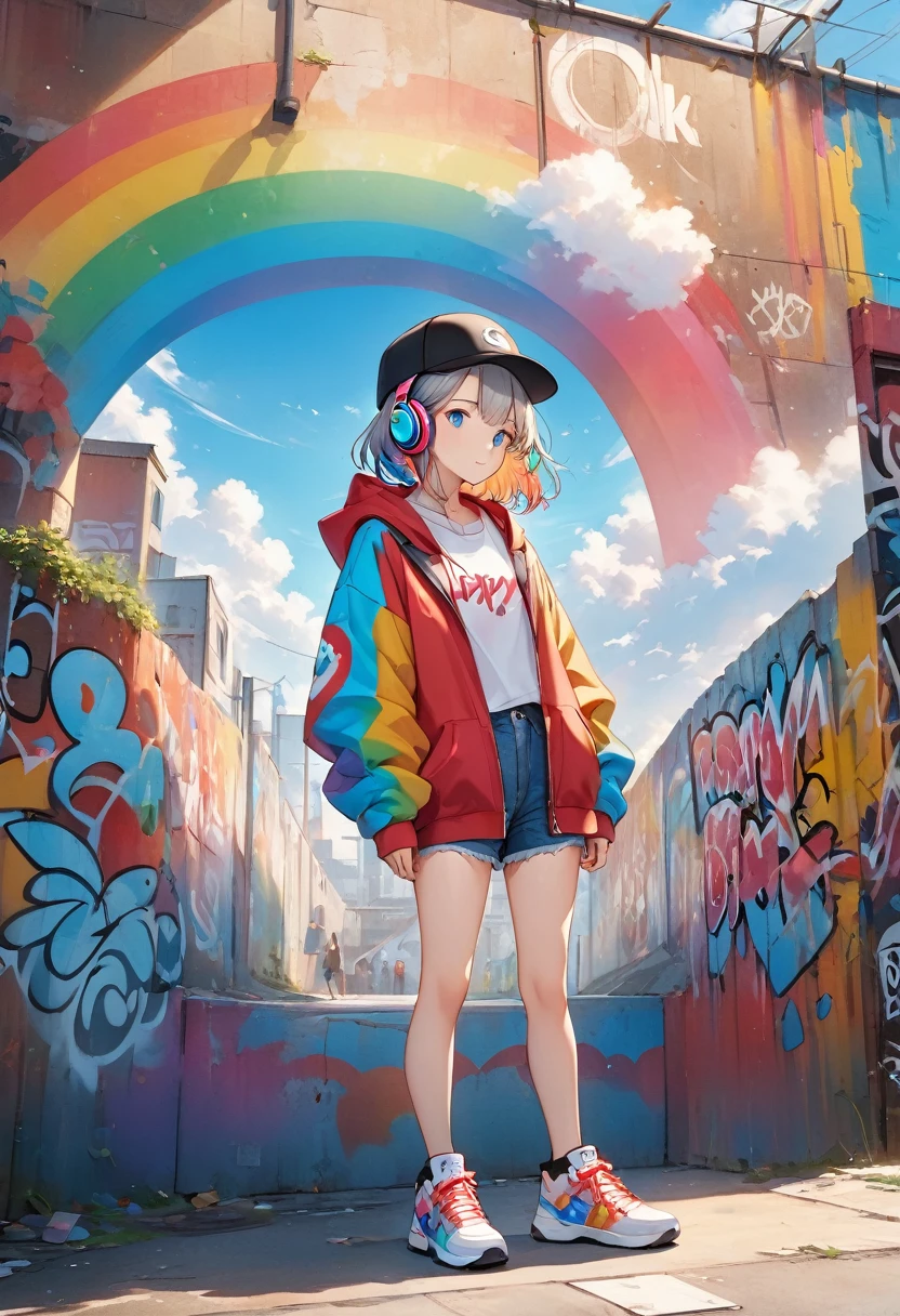 HD 8k handsome sexy cute, Lonely, 1 female, Medium length hair, Gray Hair, Rainbow Hair, blue eyes, Rainbow Headphones, hoodie, colored hoodie, Black Tracker Hat, Hip hop style large hooded jacket、Denim shorts, sneakers, human center, Outdoor, blue sky, White cloud, Graffiti Popular Spray Art Wall,