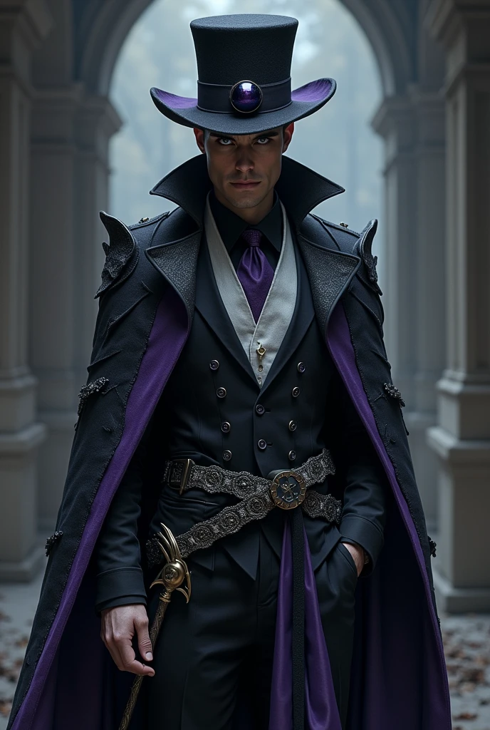 Generate a picture of an triclop(three eyes men) who is carrying a sword of spiritual dark god on his belt ,wearing black and mixed white and dark purple clothes. Background is filled with dark colors .He is wearing a hat ,on the top of the hat a dark perl he is seeing some peoples mestriously he is a men and has not horns
He is handsome and manipulative