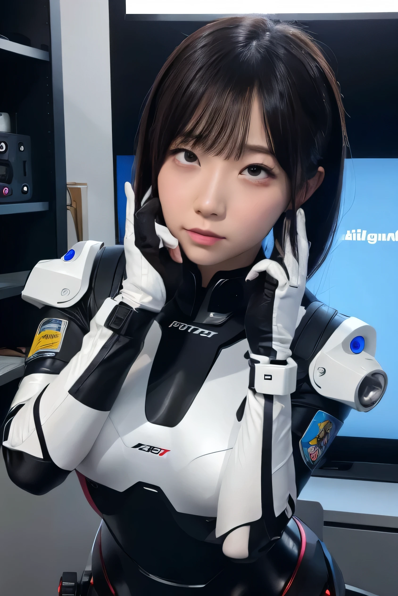 masterpiece, best quality, extremely detailed, Japaese android girl,portrait,Plump,a bit chubby,control panels,android,Droid,Mechanical Hand, Robot arms and legs, Black hair,Blunt bangs,perfect robot girl,long tube,thick cable connected her neck,android,robot,humanoid,cyborg,japanese cyborg girl ,robot-assembly plant,She is assembling now,assembly scene,rolling eyes,chest monitor