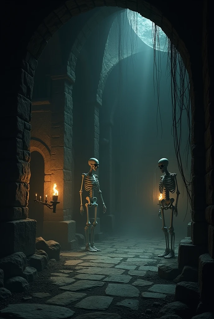 dark dungeon with nobody , dark with torches and skeletons