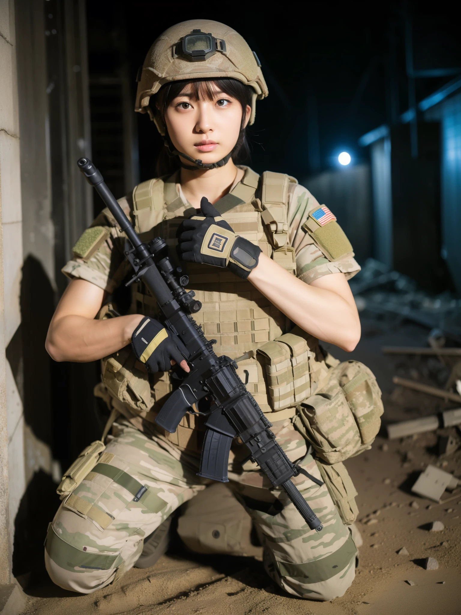 (masterpiece, ultra-detailed, ultra-realistic, best quality, clear focus, photorealistic), (ultra-high resolution, 8k:1.3), cinematic color-grading film, dramatic scenes, shadow, global-illumination, perfect anatomy, perfect face, (detailed face, detailed eye:1.3), (Japanese blonde anime-style girl:1.2), (experienced soldier:1.2), professional light, (boyish cool Japanese face:1.3), (Fully equipped for battle:1.3), (holding m4a1 large assault rifle:1.4), (long barrel rifle:1.3), (Strong willed expression:1.2), (afraid:1.3), (wearing a soldier's outfits with military helmet:1.2), slim waist, (at a battle field of Abandoned Building at night), flash light, (explosion:1.4), very large breasts, tactical vest, military harness, (squatting), military long boots, face focus