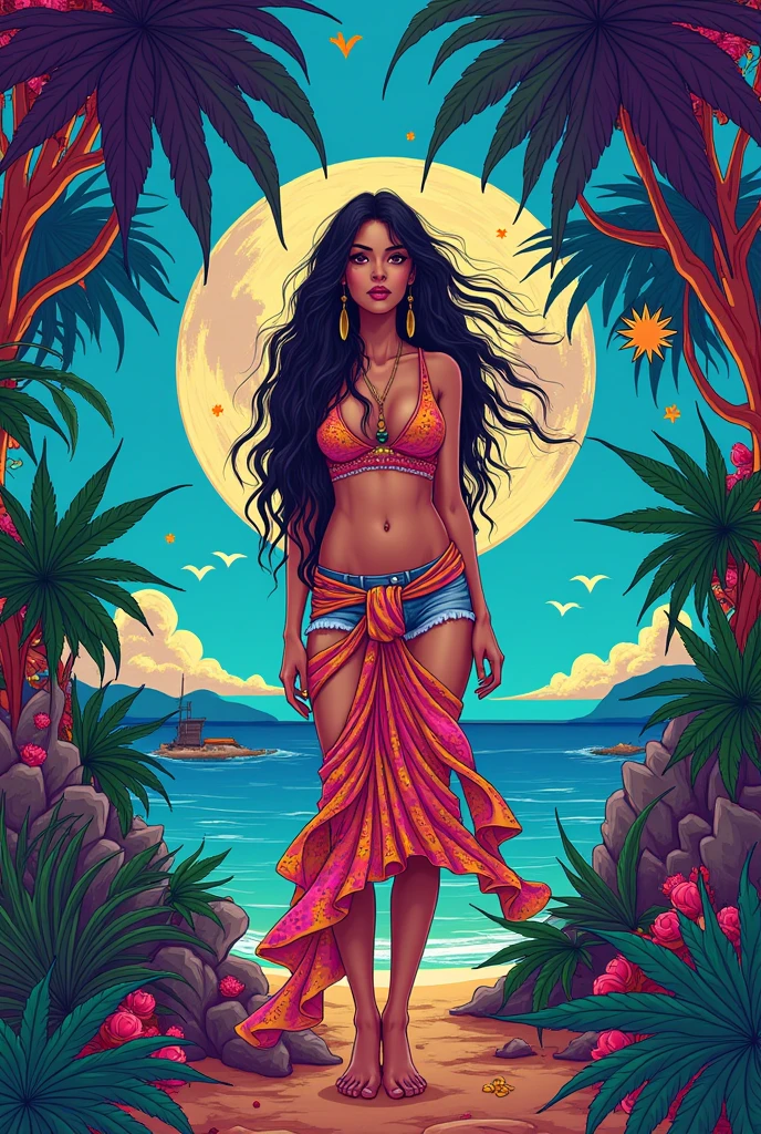 cannabis store near patong beach and ocean. there is a thai woman in the center. In a reggae art style, cannabis style, 420 artwork, retro psychedelic weed illustration, smoke hip-hop, psychedelic artwork, in illustration style digital, extremely high quality artwork, estilo de arte impressionante, arte do Adobe Illustrator, visionary art style, psychedelic acid trip, estilo de arte vetorial, Terence McKenna, Psychedelic style nano-infused Vibrant colors, swirling patterns, abstract forms, surreal, trippy fluid