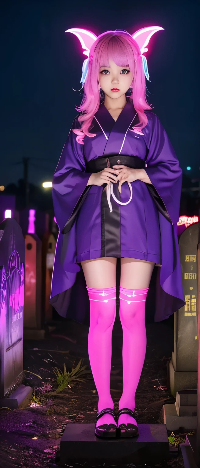 Cute Ghost Idol Girl、whole body、Good style、、、、、、、、、、Thick legs、Bat-covered Kimono Dress(fluorescent purple and pink)、Cool girl face、、、A graveyard glowing at night