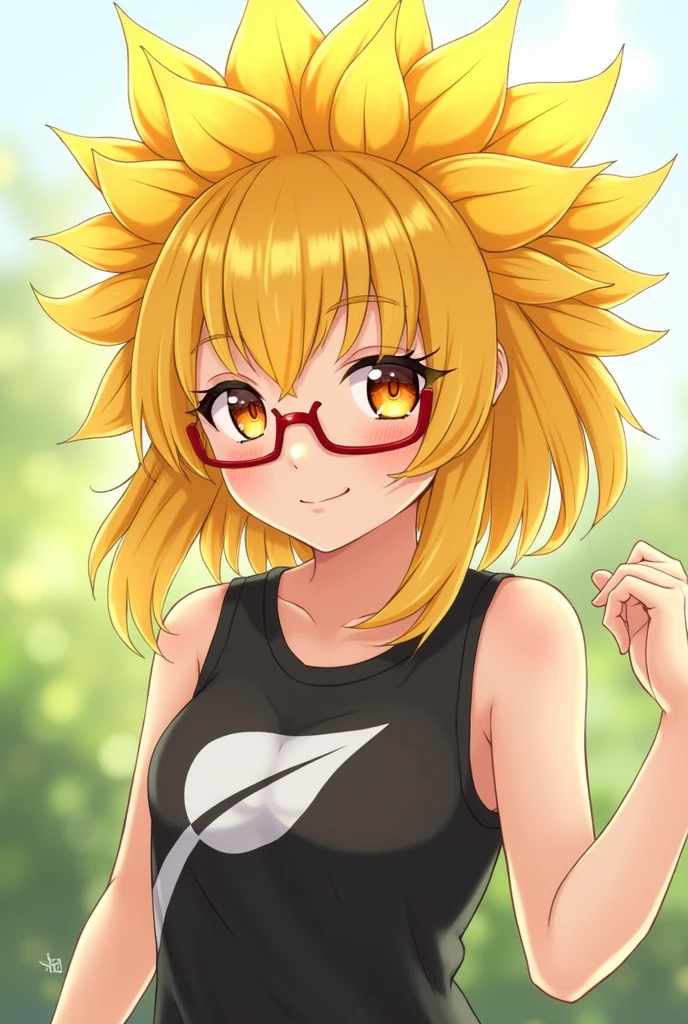 Sunbeam is a Sunflower with a sleeveless black shirt with a white leaf, a petal that makes them look like their bangs. They have red glasses/orange and yellow eyes with black pupils and eyelashes, human anime version and not an animal