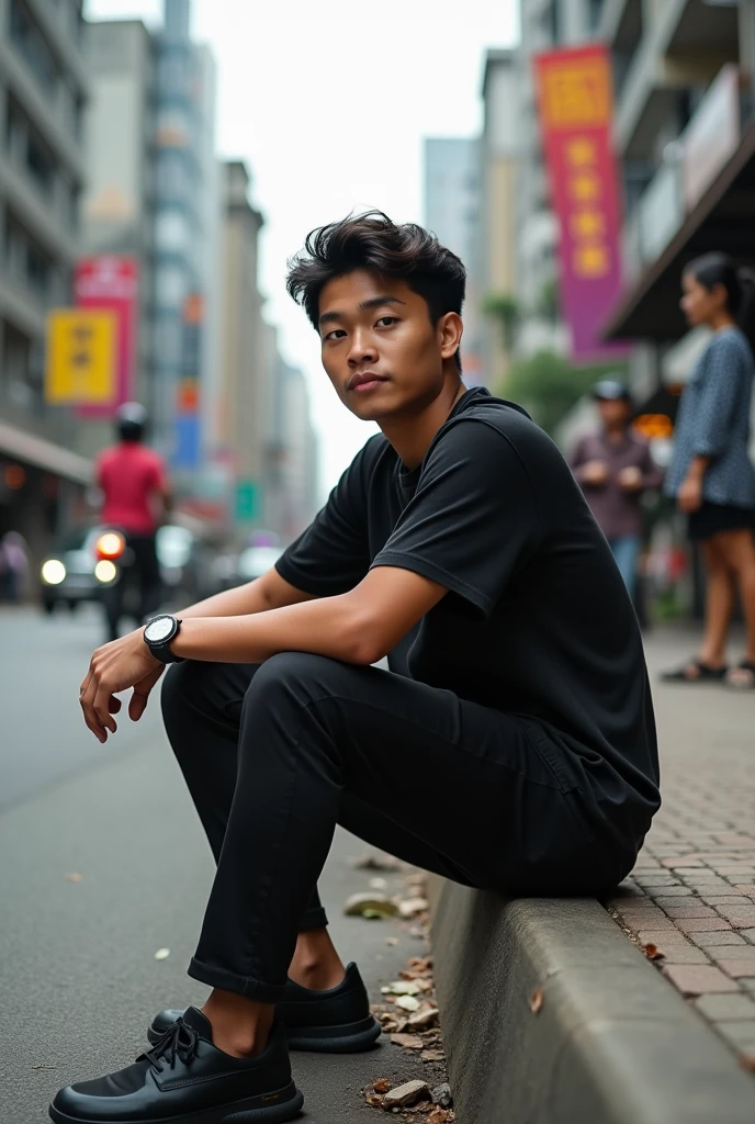 realistic photo, A young Indonesian man, 21 years old, wearing a black t-shirt, black pants, black shoes, sitting on the side of the road with many vehicles and passers-by. Camera focus, full body view. Contrast colors. detail.