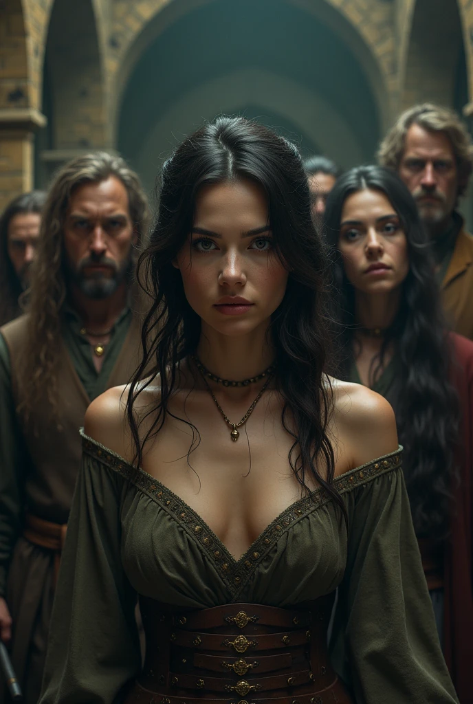 (photorealism:1.2), A very beautiful girl with her crew of men and women, set in medieval times, are imprisoned and tortured.