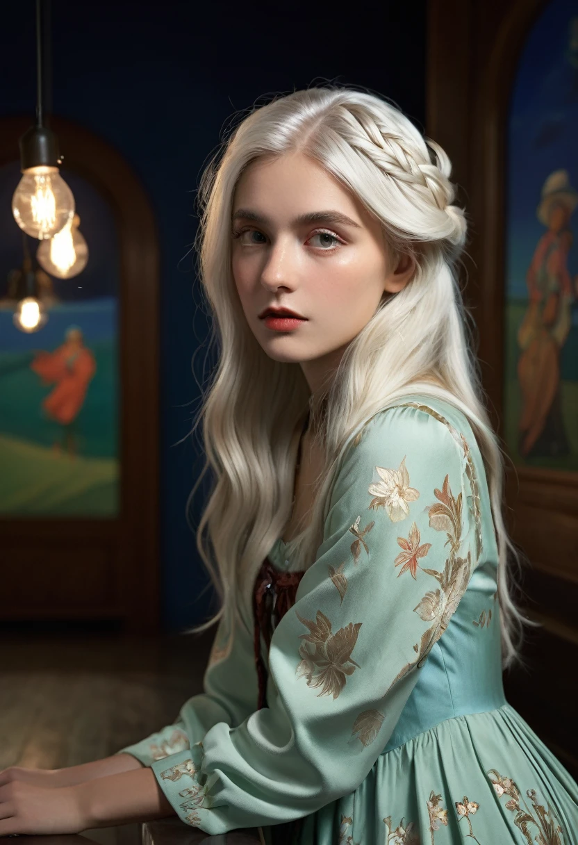 (Front focus), (in the darkness:1.6), Surrealist Portraits of Women by David Hockney and Alphonse Mucha, Fantasy Art, Photo-realistic, Dynamic Lighting, Art Station, poster, Volumetric Lighting, Very detailed faces, 4K, The award-winning, 1 Girl, in the darkness, Deep Shadows, Low profile, Cowboy shooting, (Sexy dress up), Long hair, White hair