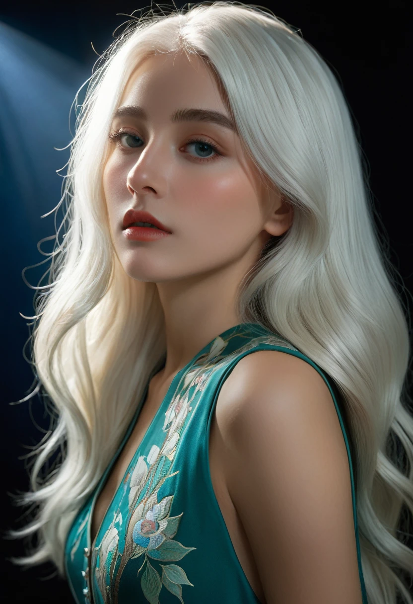 (Front focus), (in the darkness:1.6), Surrealist Portraits of Women by David Hockney and Alphonse Mucha, Fantasy Art, Photo-realistic, Dynamic Lighting, Art Station, poster, Volumetric Lighting, Very detailed faces, 4K, The award-winning, 1 Girl, in the darkness, Deep Shadows, Low profile, Cowboy shooting, (Sexy dress up), Long hair, White hair