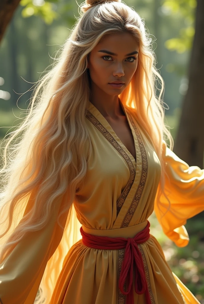 A indian 20 year girl with long
blond hair with kunfu dress