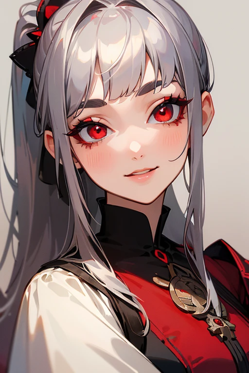 (Highest quality, masterpiece:1.2), High resolution, 最高masterpiece、Very detailed, Realistic:1.37, Fantasy, An illustration,Gray Hair、 Red eyes、Queen, Red dress、beautifully、Eyeshadow Red、Thick eyebrows、Long eyelashes、pupils are black、shiny on the lips、Top Sites、Queen、Princess、A kind smile、Soft impression、people々々々Loved by、Slimming the face、Shoulder Bare、ponytail、Kissing Face、Long white hair、Shaggy Bangs、(Save face image).(Gothicta)、(A kind smile)、(Background white)、