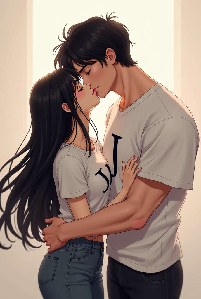 Create an image of a tall thin girl, black hair junto a un hombre de complexion gruesa, black hair, tall who are lavishing love and their shirts have the initial of their names, both the letter J in uppercase
