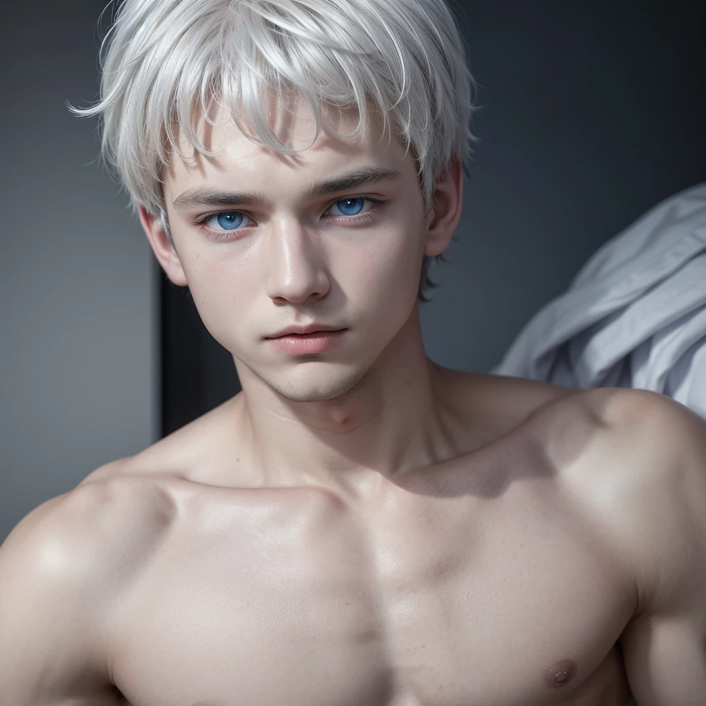 A boy in white, blue colored eyes, White hair, wearing no shirt