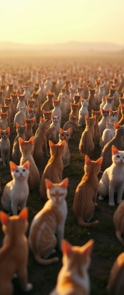 Endless herds of cats stretching to the horizon are looking at viewer, from above, wide shot,