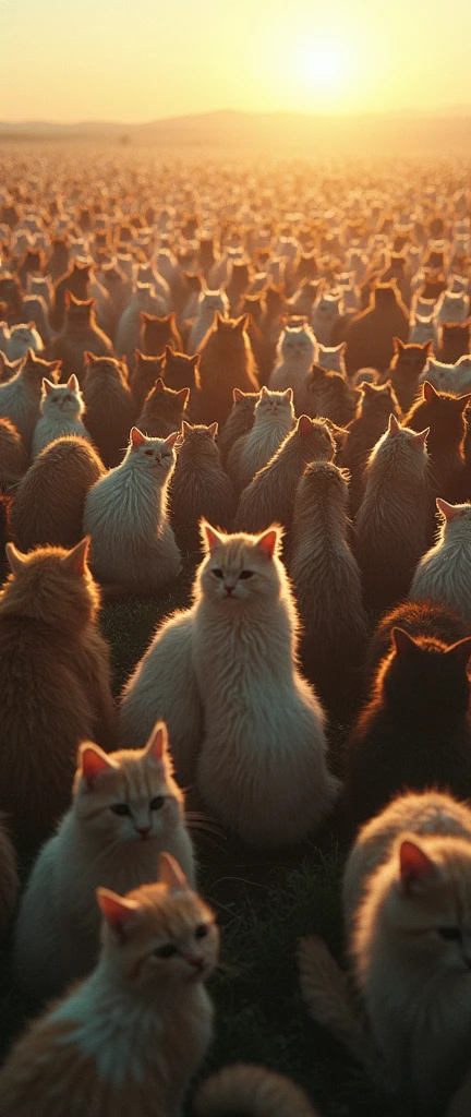 Endless herds of cats stretching to the horizon are looking at viewer, from above, wide shot,